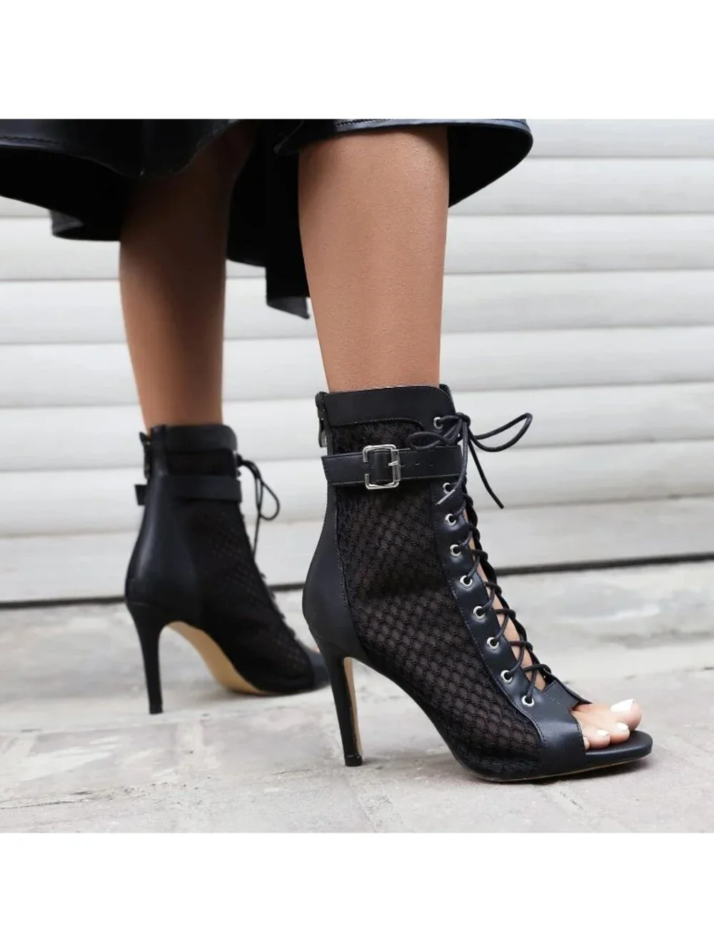 Women's Black Casual Buckle Lace Up Mesh Sandal Peep Toe High Heel Ankle Boot